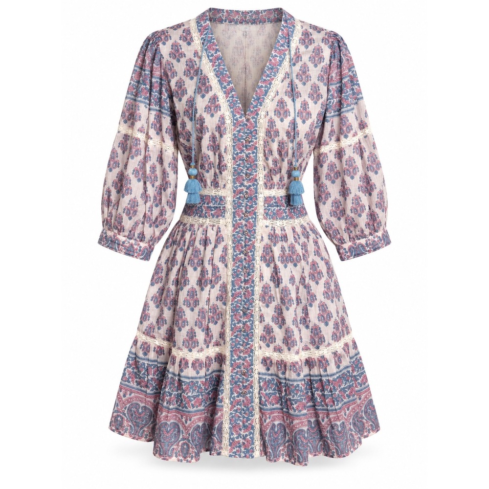 BELL by Alicia Bell Mini Dress M Pink Blue Ann Boho Block Print Silk Cotton